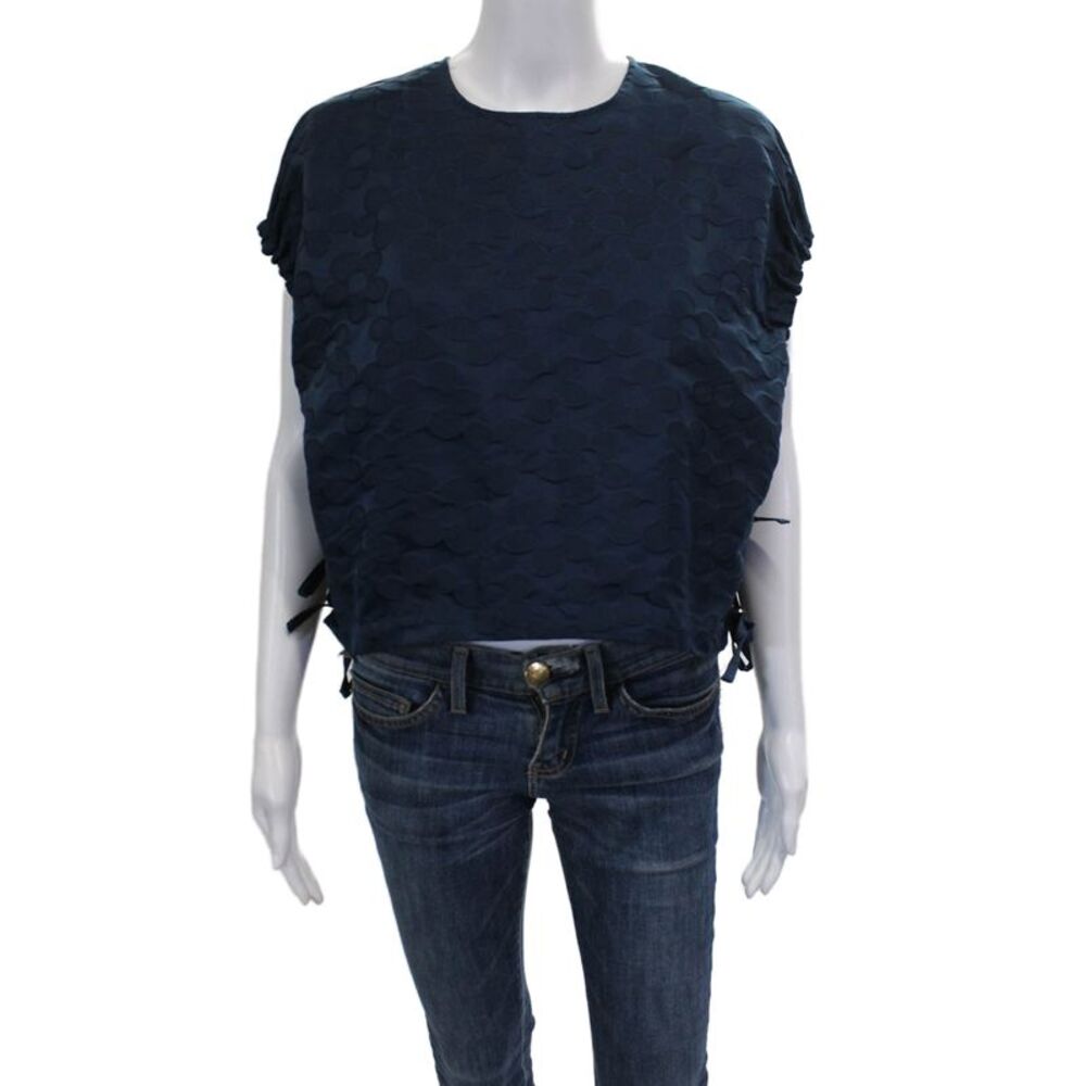 Avn Women Blue Cropped Floral Blouse Round Neck Button Sleeveless Size 40